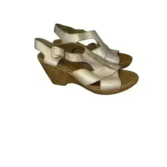 Clarks Women's 9 M Platform Sandals Leather Gold Cork Slingback Buckle - Picture 6 of 7